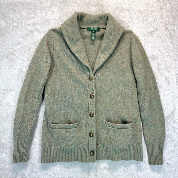 Ralph Lauren Vintage Silk Wool Shawl Collar Grandpa Green Cardigan Sweater Sz S - Picture 1 of 8